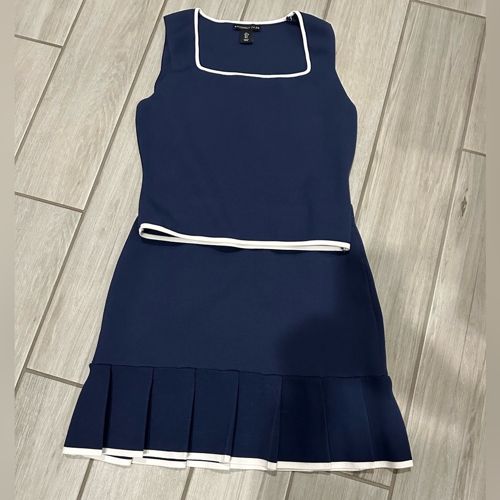 Sincerely Jules Blue and White 2 Piece  Tank Top& Pleated Mini Skirt